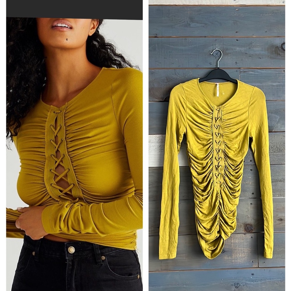 NEW Free People Bella Lace Up Top Blouse Tshirt Olive XS